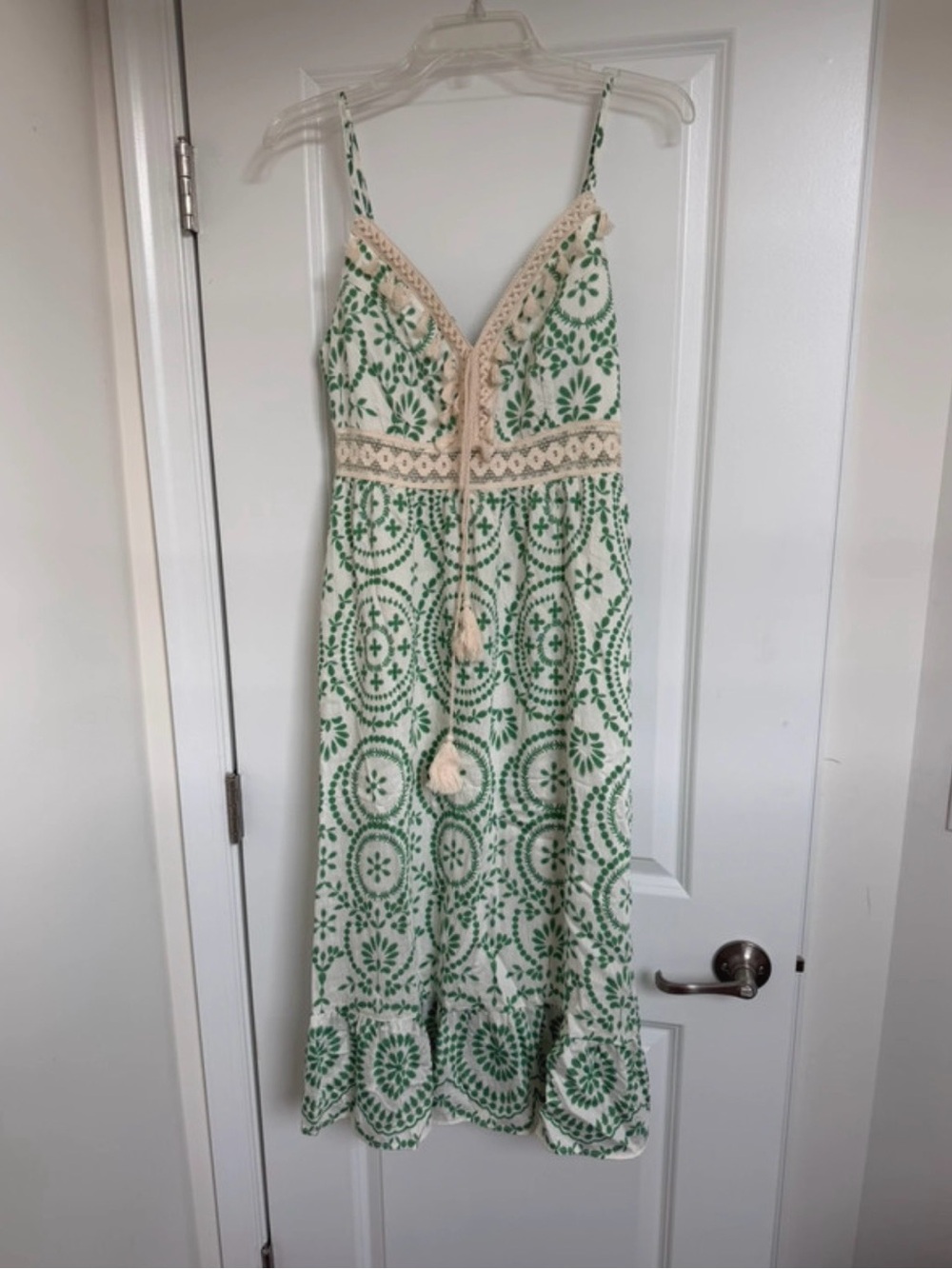 Spaghetti Strap V-Neck Green & Cream Dress